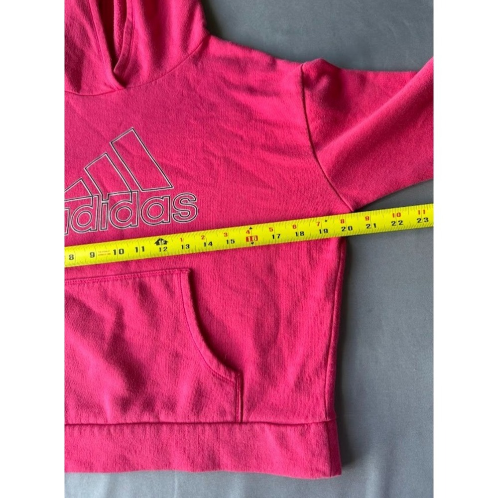 Adidas Youth Girls Crooped Hoodie M (10/12) Pink Logo 3 Stripe Pullover Pockets - Picture 5 of 14